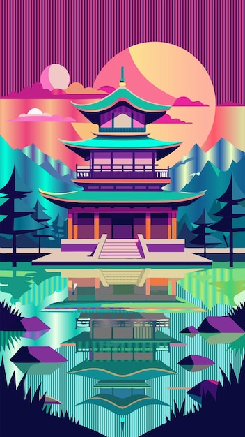 뒷면 에 나무 와 산 이 있는 사원 의 디지털 그림