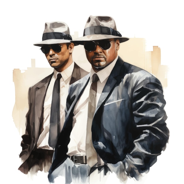 Digital painting of two men wearing fedora hats and sunglasses in the city