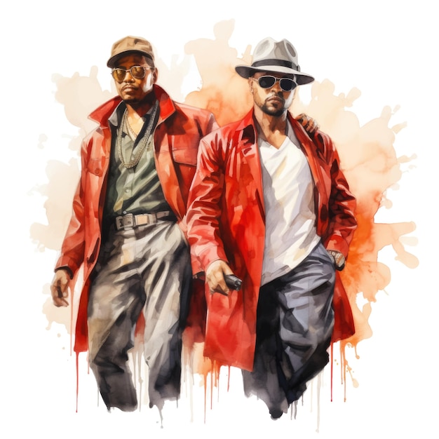 Vector digital painting of two men wearing fedora hats and sunglasses in the city