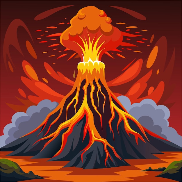 A digital painting of a volcano with a mountain in the background