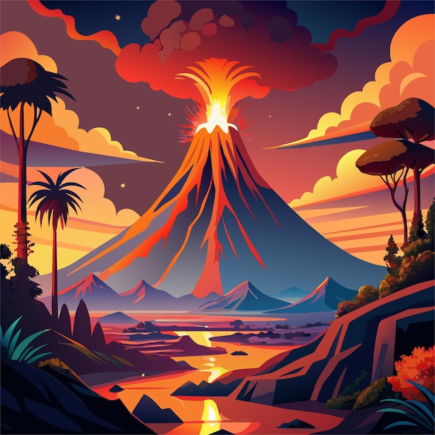 a digital painting of a volcano with a mountain in the background