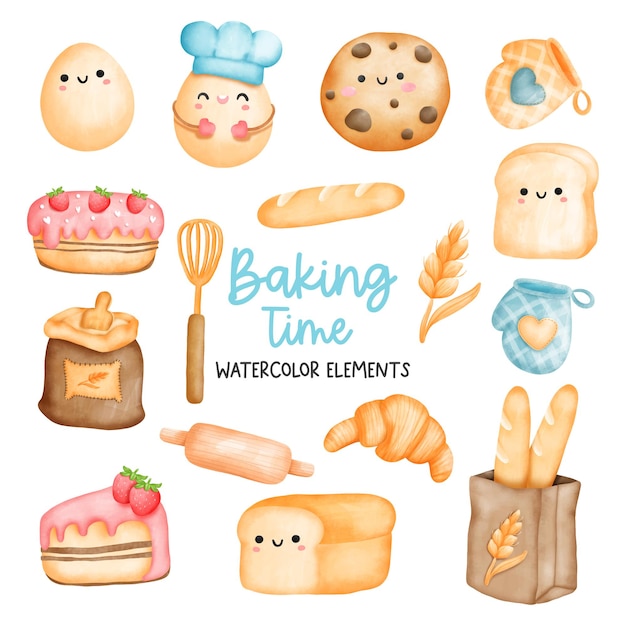 Vector digital painting watercolor bakery elements cooking element