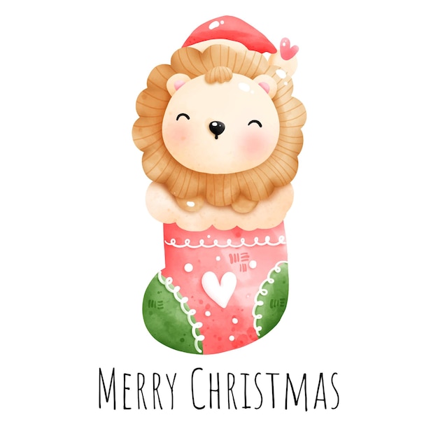 Digital painting watercolor Christmas baby lion in sock isolated on white background