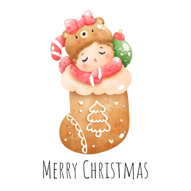 Digital painting watercolor Christmas baby in sock isolated on white background