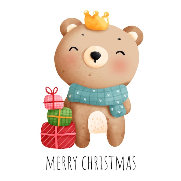 Digital painting watercolor Christmas banner with cute bear and giftbox