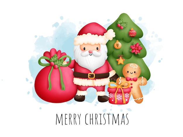 かわいいサンタとクリスマスの要素を持つデジタル絵画水彩クリスマスカード