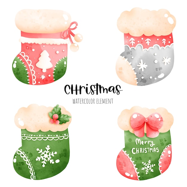 デジタル絵画水彩クリスマス靴下。クリスマス要素ベクトル。