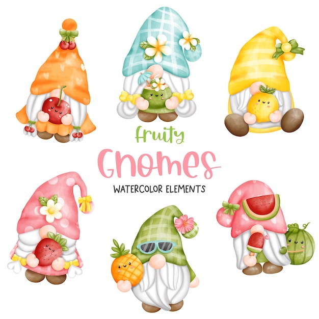 Vector digital painting watercolor fruity gnomes elements