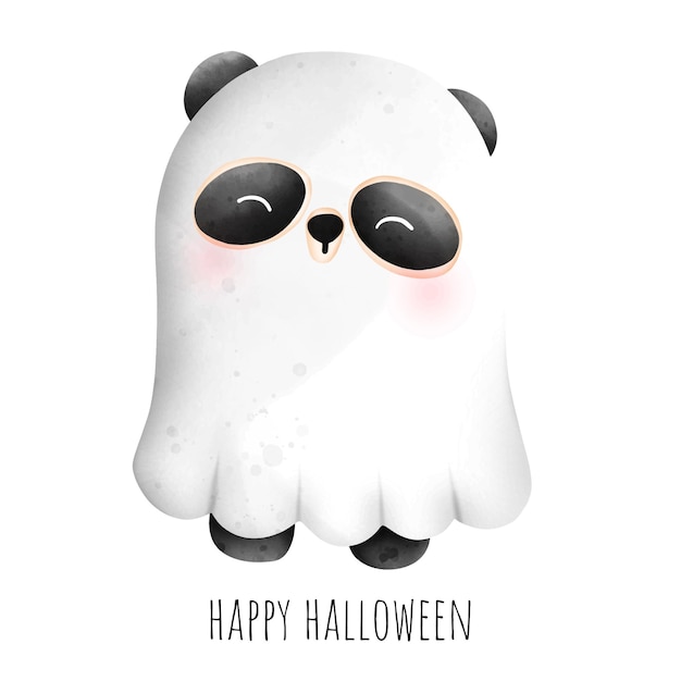 Digital painting watercolor Halloween ghost panda, Festive animal woodland.