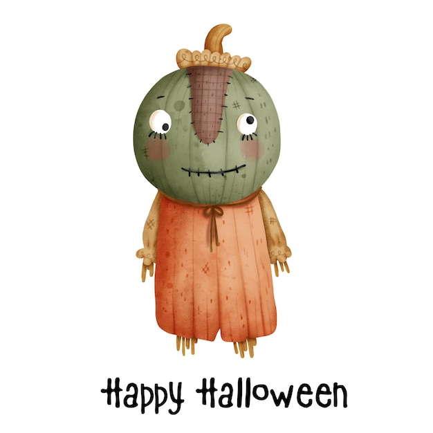 Digital painting watercolor happy halloween with scarecrow. vector illustration