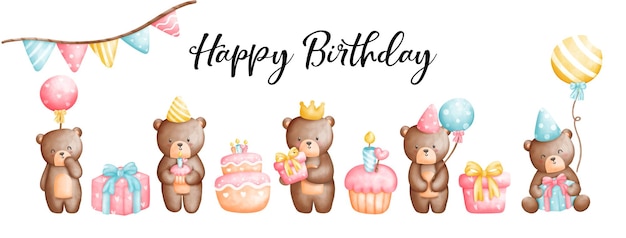 Vector digital painting watercolor teddy bear birthday greeting