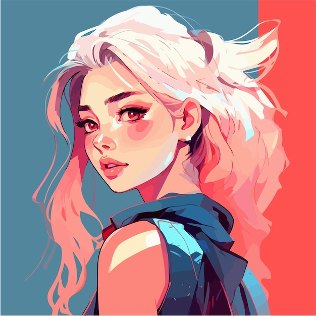 A digital painting of a woman with blonde hair and a blue and red background.