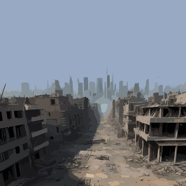 Vector digital paintings damaged everything city war