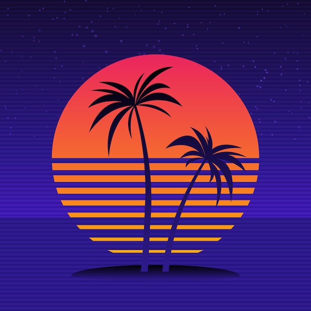 Digital palm tree on a cyber ocean in the computer world. Retro futuristic background 1980s style. Palm trees on the background of sunset. Vector illustration