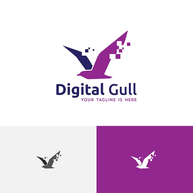 디지털 픽셀 갈매기 새 비행 온라인 컴퓨터 기술 로고