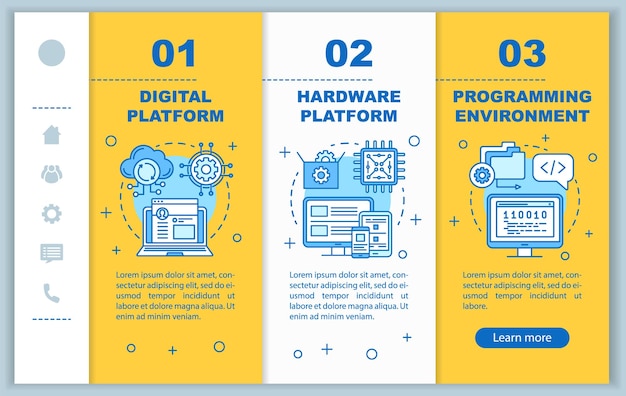 Digital platform onboarding mobile web pages vector template. Responsive smartphone website interface idea with linear illustrations. Programming webpage walkthrough step screens. Color concept