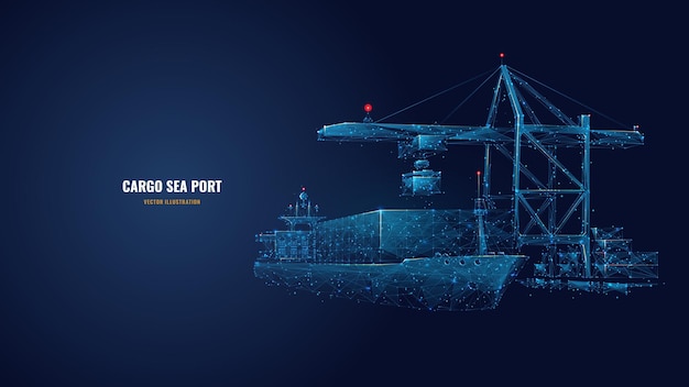 Vector digital polygonal cargo sea port 3d ship port crane and containers in dark blue container ships