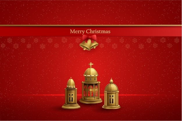 Design cartolina digitale per natale con tre lanterne della chiesa d'oro