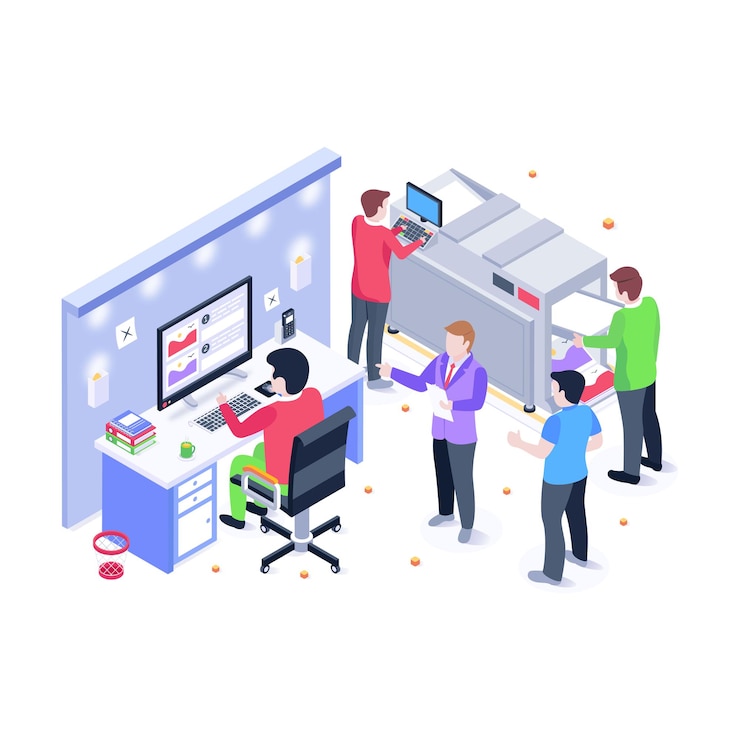 Vector digital printing isometric illustration with high graphics