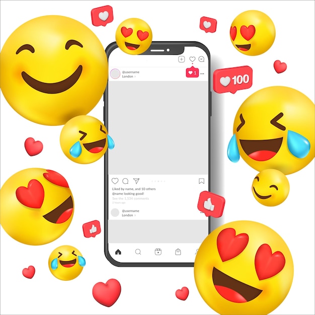 Цифровые реалистичные смартфоны с flying emoji reactions smartphone mockup