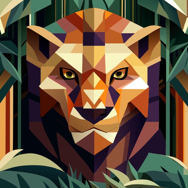 Vector a digital rendering of a tessellated geometrical lion head symmetrically poking its head through