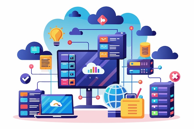 a digital representation of web hosting features servers cloud icons and monitoring tools in a colorful layout web hosting big data