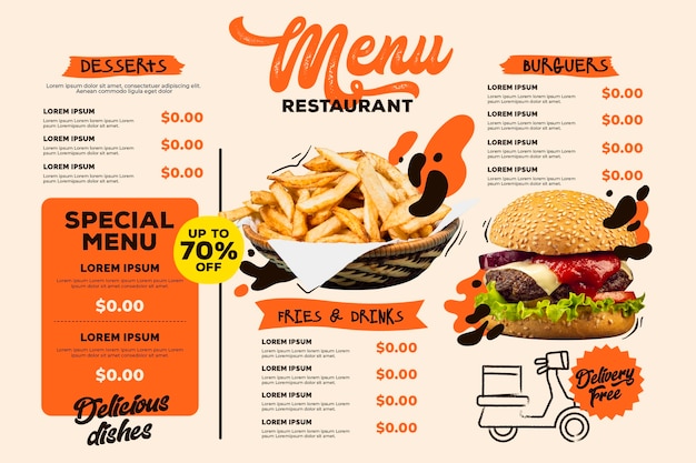 Modello di formato orizzontale menu ristorante digitale con hamburger e patatine fritte