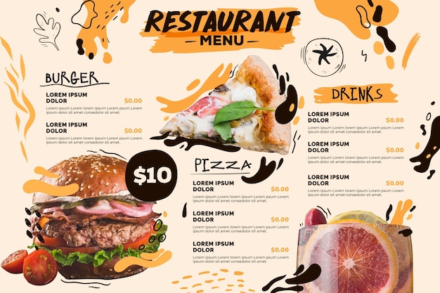 Vector digital restaurant menu horizontal format template with burger and pizza