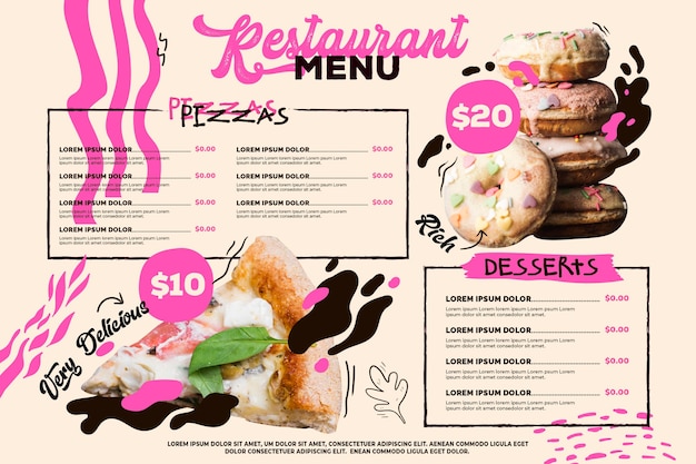 Vector digital restaurant menu horizontal format template with donuts and pizza