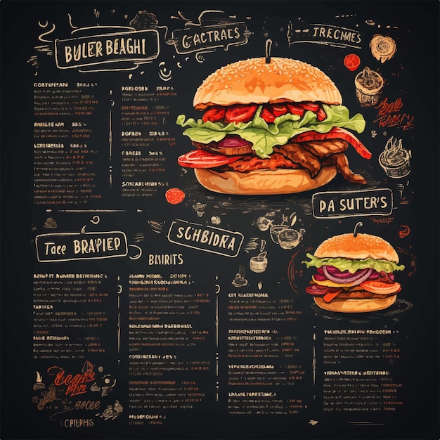 Modello di formato orizzontale menu ristorante digitale con drink e hamburger