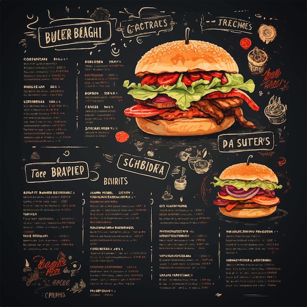 Digital restaurant menu horizontal format template with drink and burger