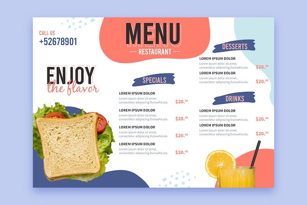 Digital restaurant menu horizontal format