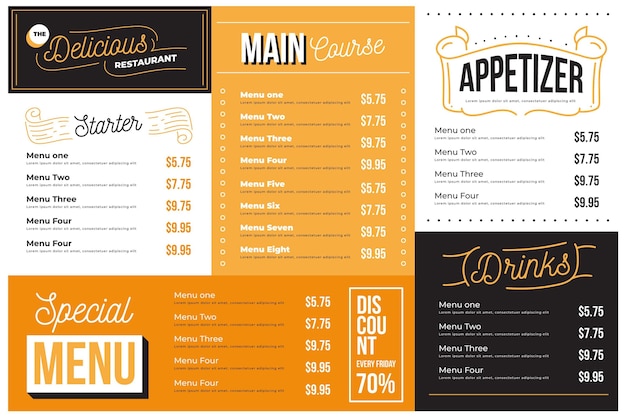 Digital restaurant menu in horizontal format