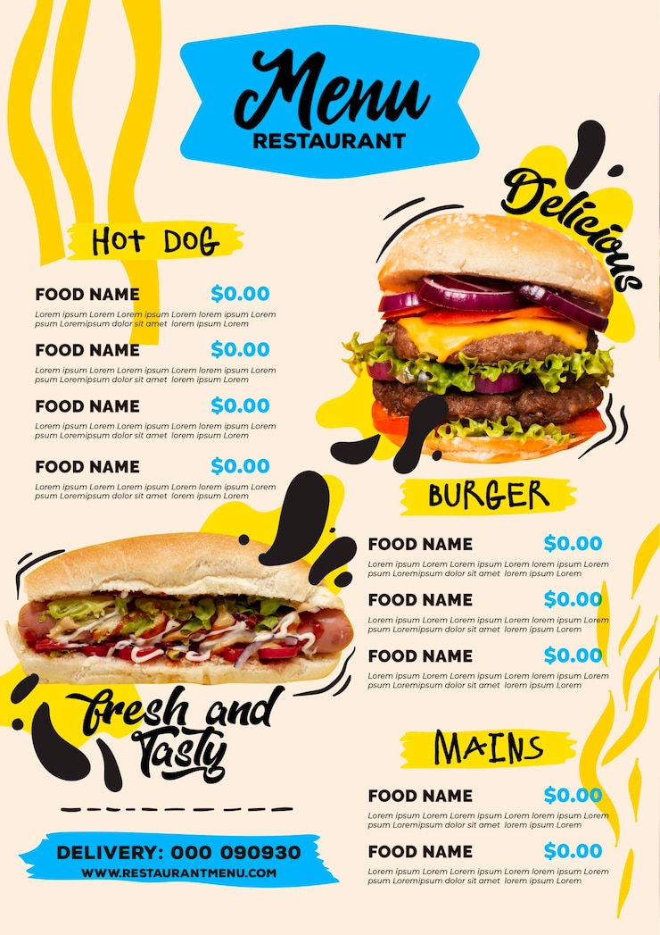 Vector digital restaurant menu vertical format template with burger and sandwich