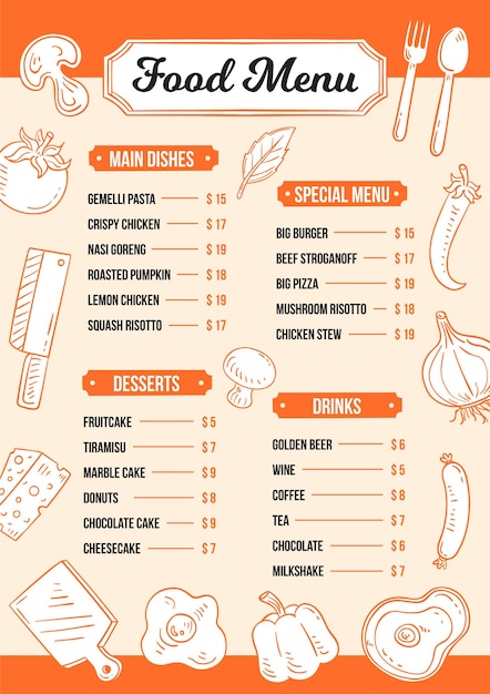 Vector digital restaurant menu in vertical format with ingredients