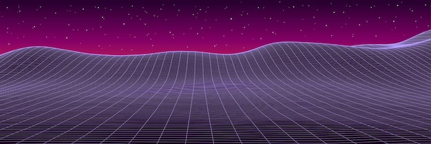 Digital retro landscape 1980s style futuristic cyber surface 80s retro scifi background