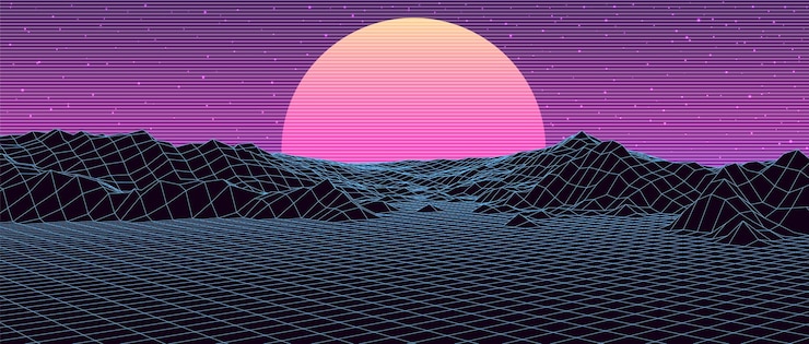 Vector digital retro landscape 1980s style futuristic cyber surface 80s retro
