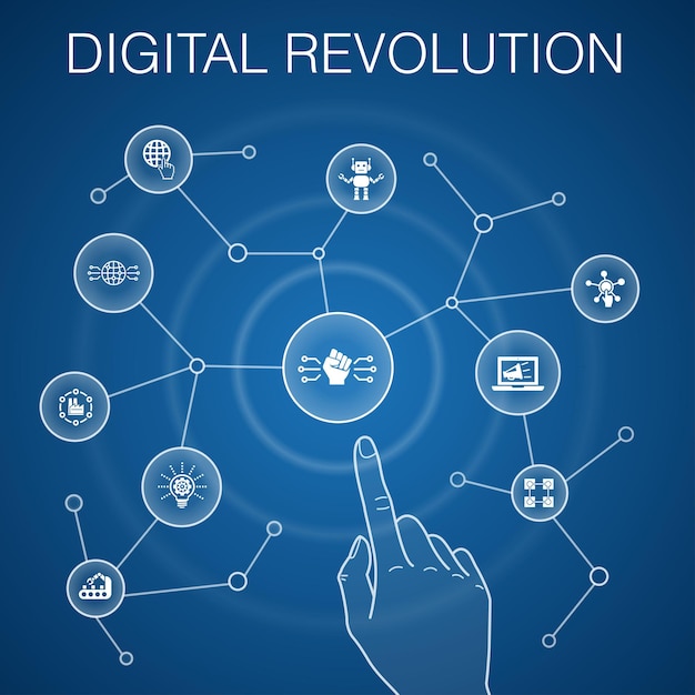 Vector digital revolution concept blue background internet blockchain innovation industry 40 icons