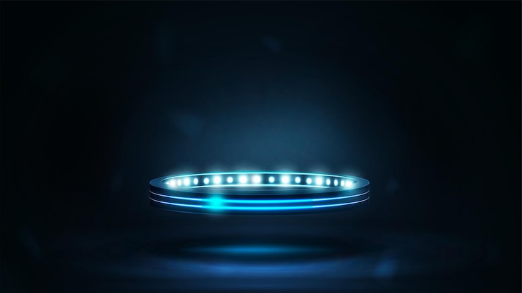Vector digital ring with lights in dark room. shine blue neon podium in shape of ring
