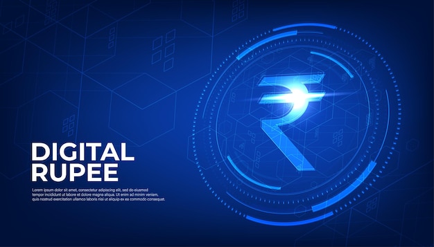 Digital Rupee currency sign CBDC currency futuristic digital money on blue background.