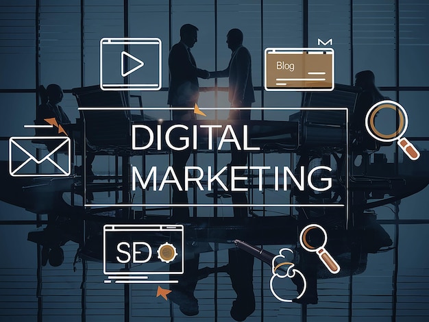 a digital screen with the words digital marketing on it
