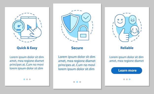 Digital service onboarding mobile app page screen with linear concepts. quick and easy, secure, reliable software. steps graphic instructions. ux, ui, gui vector template with illustrations