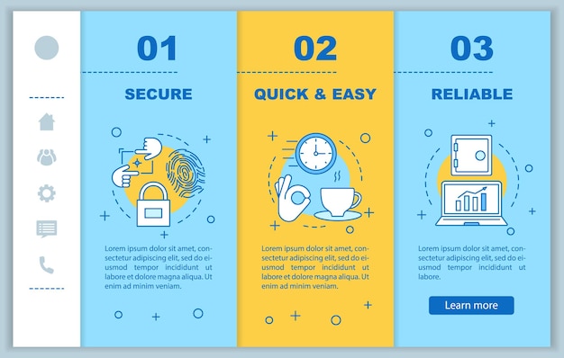 digital service onboarding mobile web pages vector template quick and easy secure reliable software responsive smartphone website interface webpage walkthrough step screens color concept