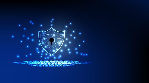 Digital shield with virtual screen on dark background cyber security technology fraud prevention