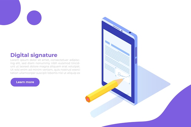 Digital signature isometric Electronic Smart contract Vector illustration