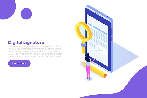 Digital signature isometric electronic smart contract vector illustration