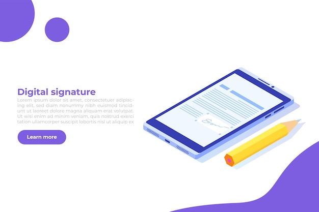 Digital signature isometric electronic smart contract vector illustration