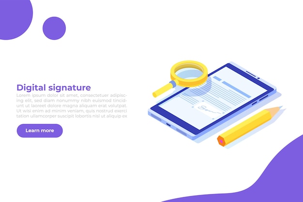 Digital signature isometric electronic smart contract vector illustration