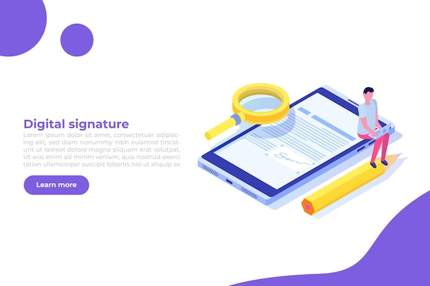 Digital signature isometric electronic smart contract vector illustration