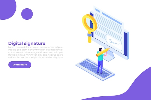 Digital signature isometric Electronic Smart contract Vector illustration